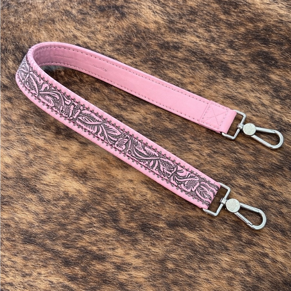 Consuela Pink Floral Embossed Leather Bag Strap with Silver Hardware